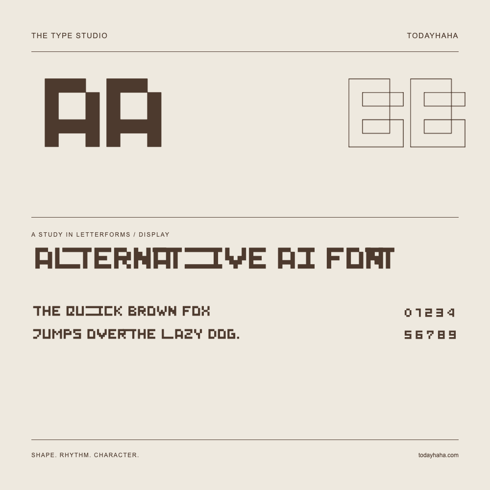 Alternative AI Font — Buchstabenstudie mit Beispielsatz und Ziffern