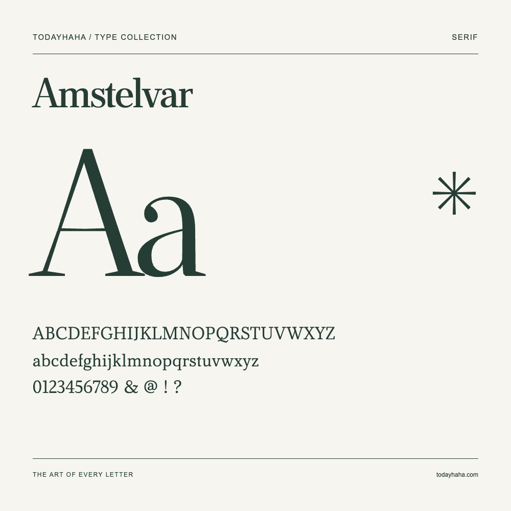 Amstelvar — Schriftmuster mit Großbuchstaben, Kleinbuchstaben und Ziffern