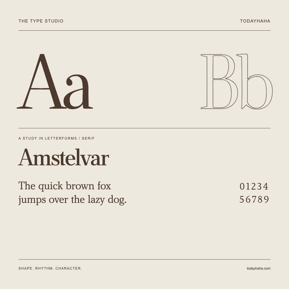 Amstelvar — Buchstabenstudie mit Beispielsatz und Ziffern