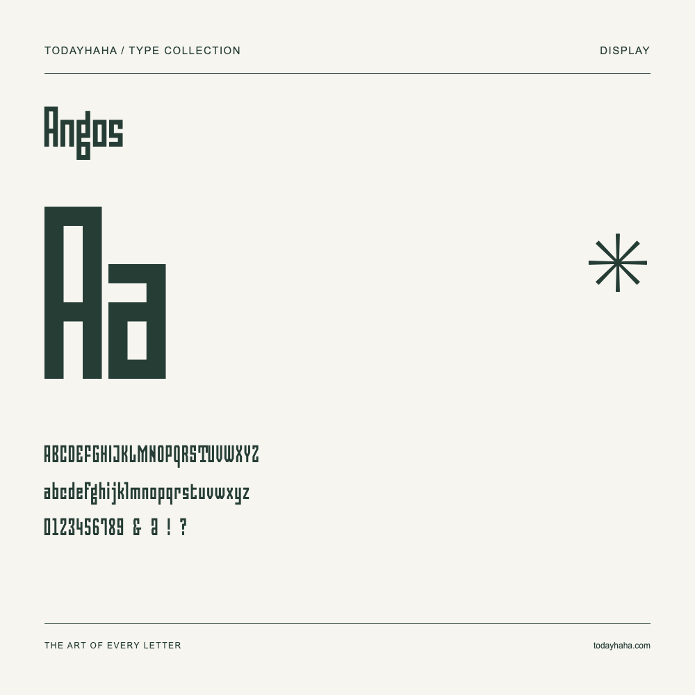 Angos — Schriftmuster mit Großbuchstaben, Kleinbuchstaben und Ziffern