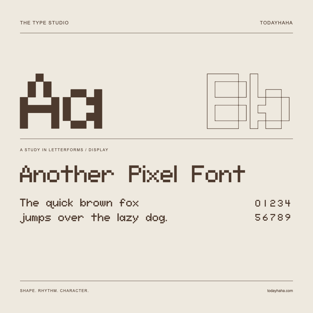 Another Pixel Font — Letterform study with sample sentence and numbers