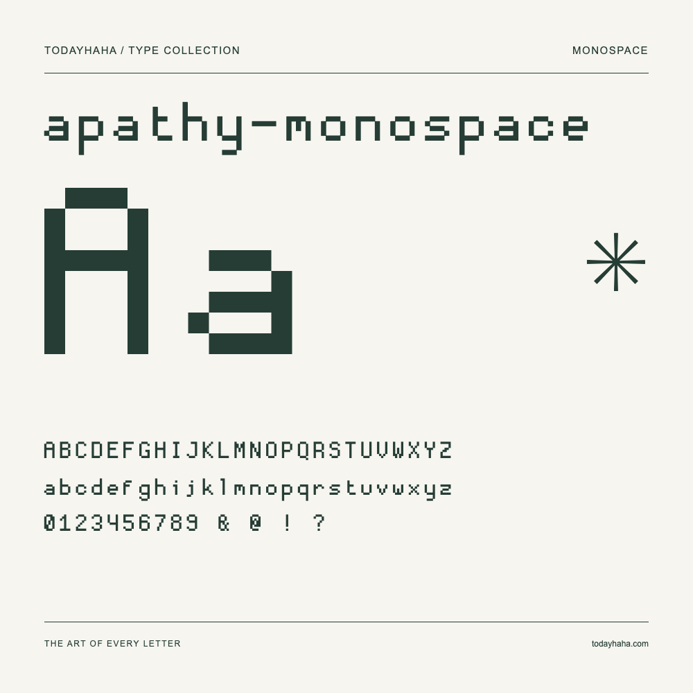 apathy-monospace — Schriftmuster mit Großbuchstaben, Kleinbuchstaben und Ziffern