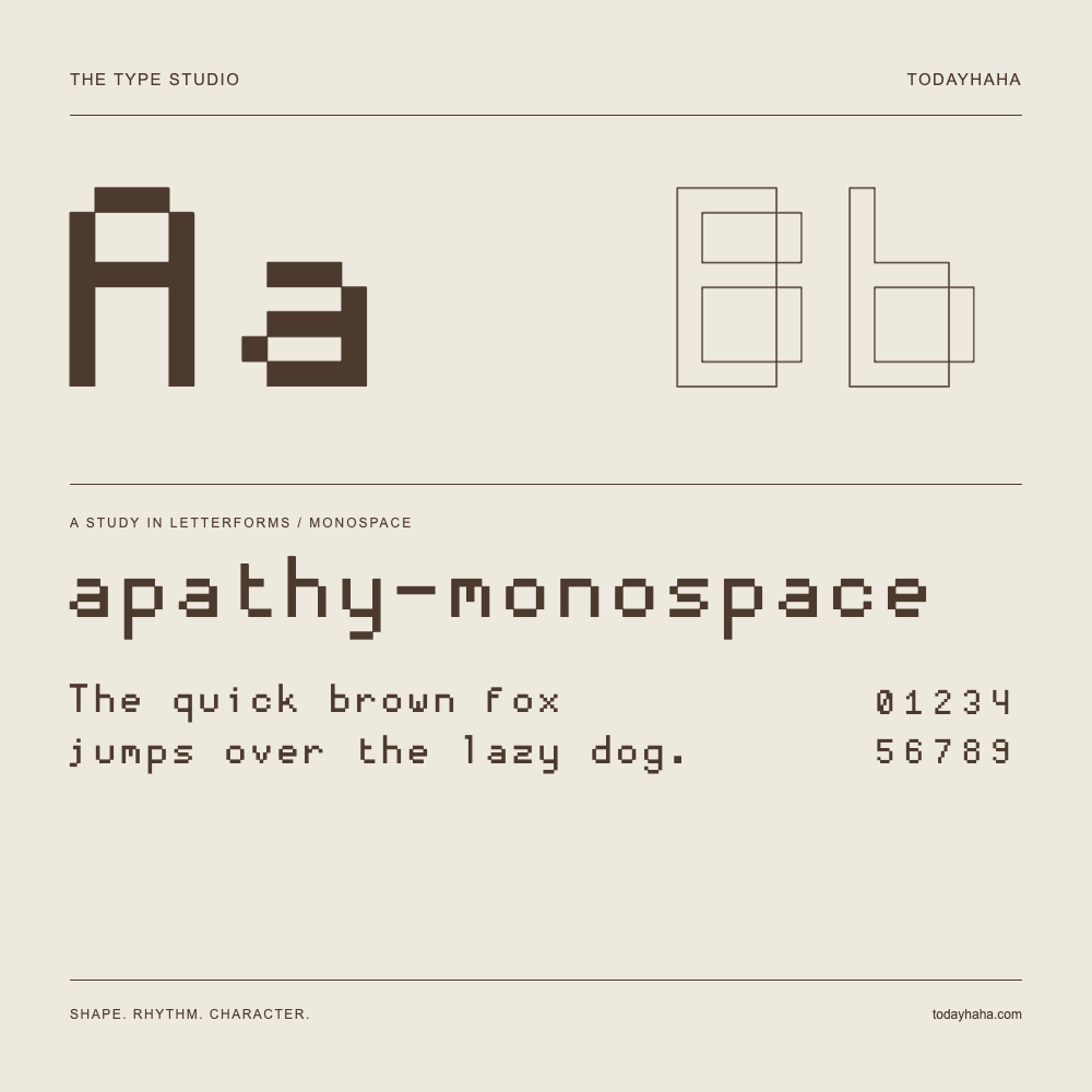 apathy-monospace — Buchstabenstudie mit Beispielsatz und Ziffern