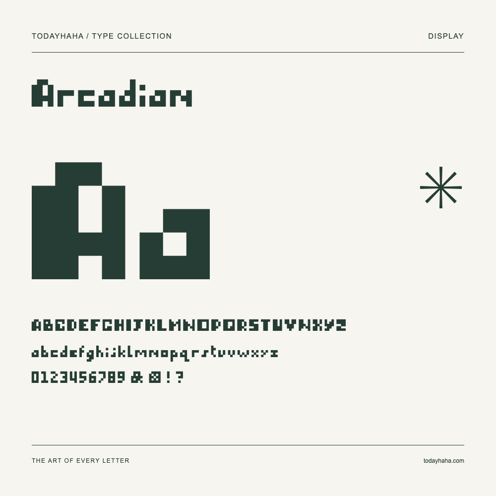Arcadian — Schriftmuster mit Großbuchstaben, Kleinbuchstaben und Ziffern