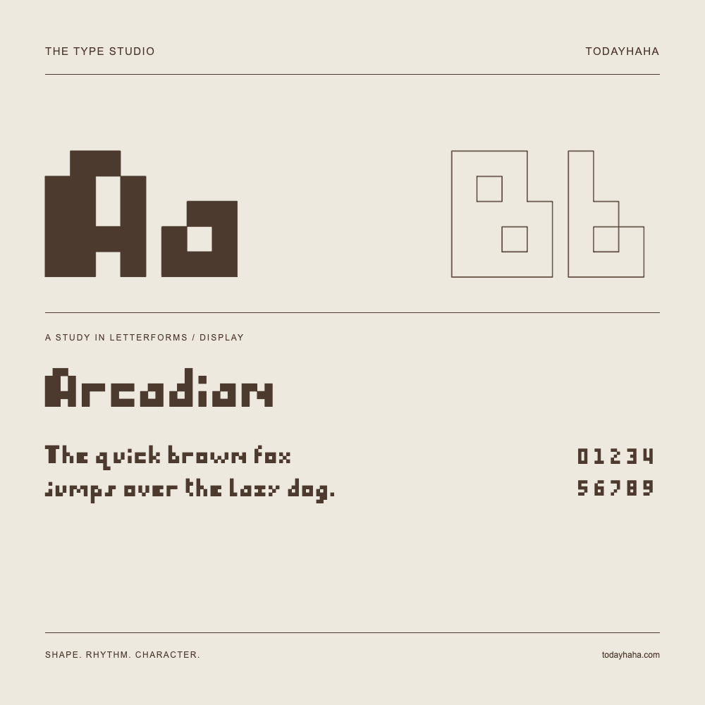Arcadian — Buchstabenstudie mit Beispielsatz und Ziffern