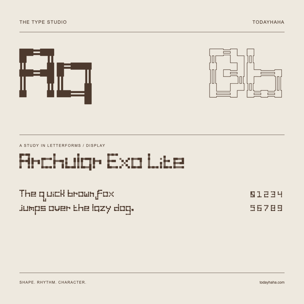 Archular Exo Lite — Letterform study with sample sentence and numbers