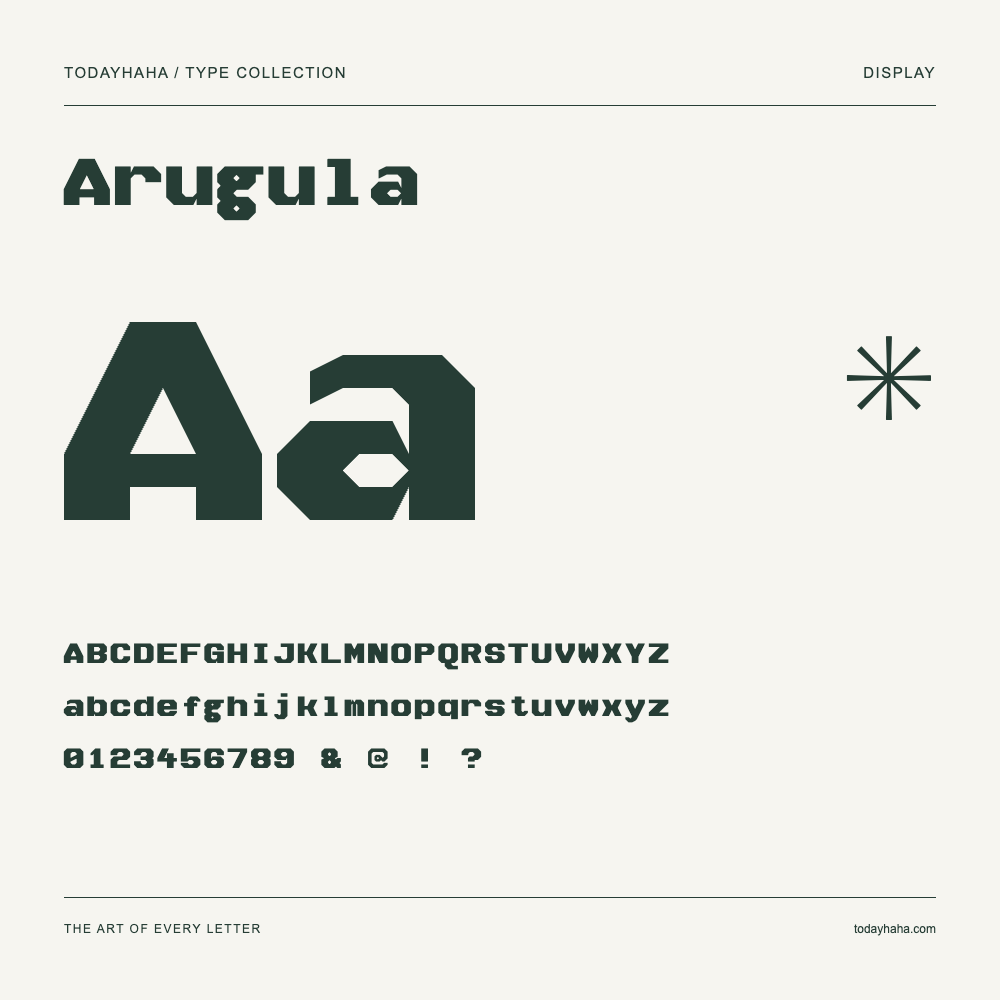 Arugula — Schriftmuster mit Großbuchstaben, Kleinbuchstaben und Ziffern