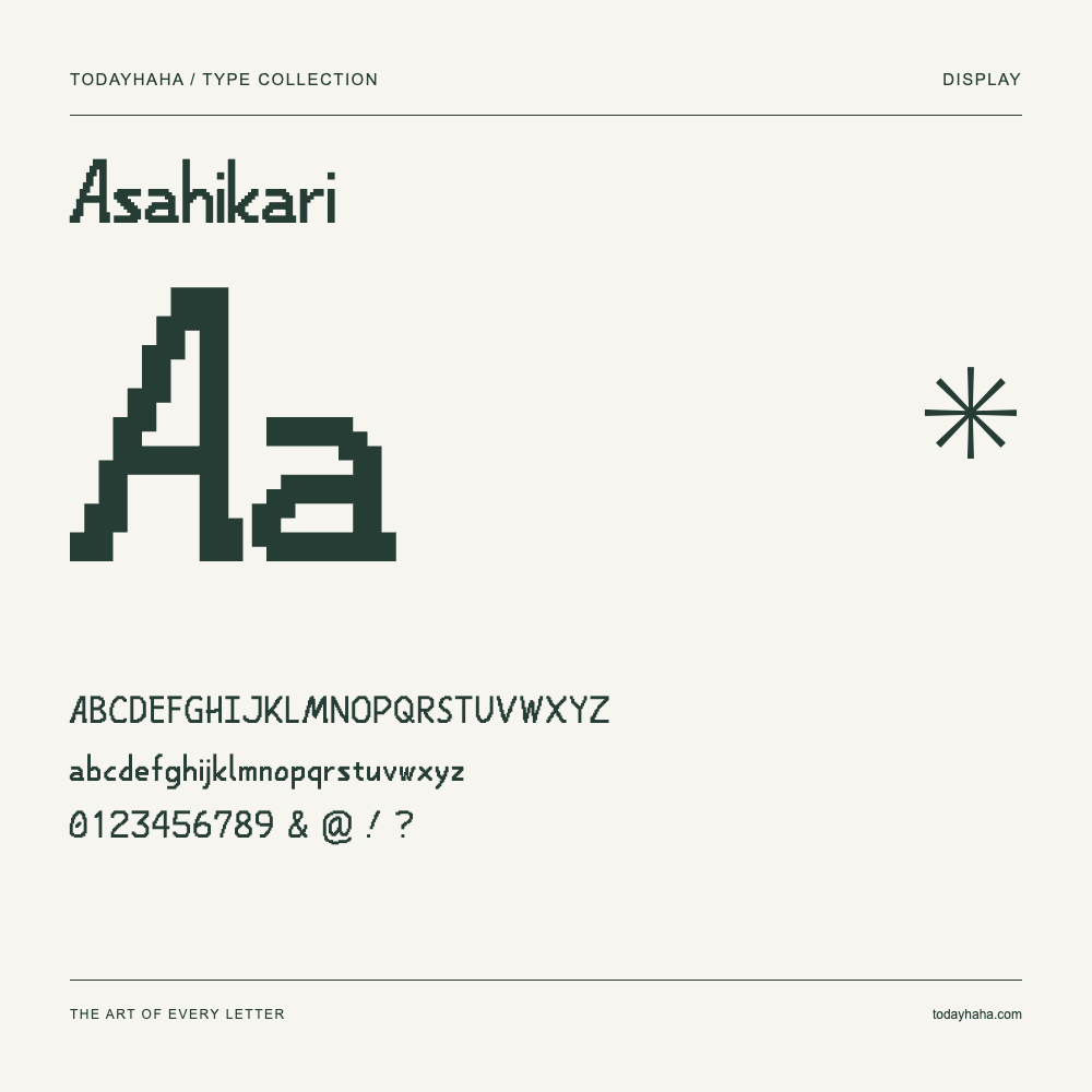 Asahikari — Schriftmuster mit Großbuchstaben, Kleinbuchstaben und Ziffern
