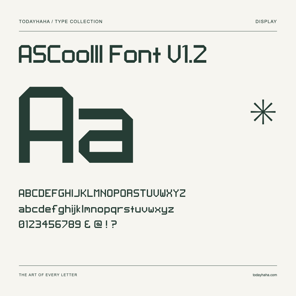 ASCoolII Font V1.2 — Spécimen avec majuscules, minuscules et chiffres