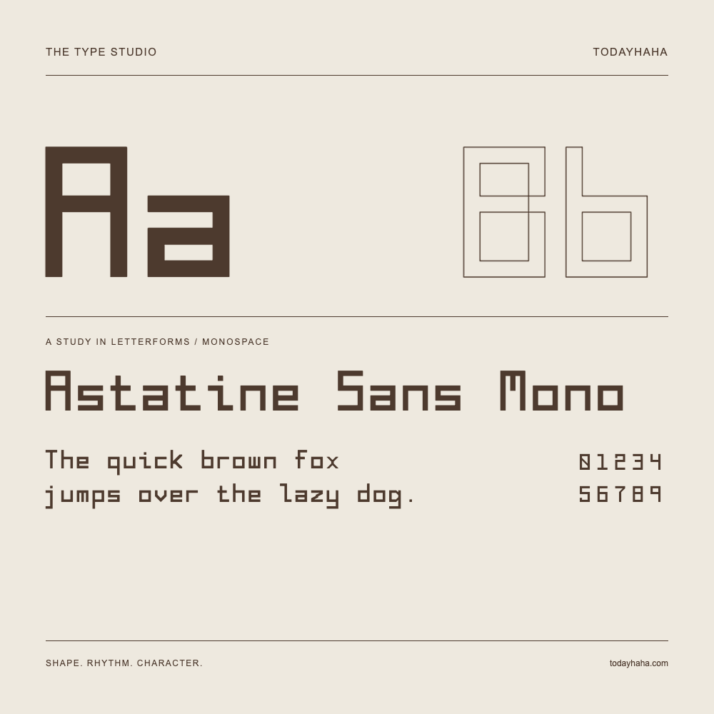 Astatine Sans Mono — Buchstabenstudie mit Beispielsatz und Ziffern