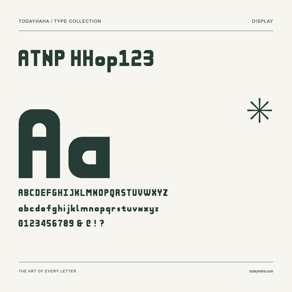 ATNP HHop123 — Font specimen with uppercase and lowercase letters and numbers