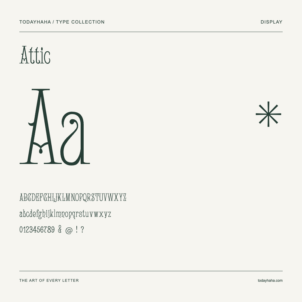 Attic — Schriftmuster mit Großbuchstaben, Kleinbuchstaben und Ziffern