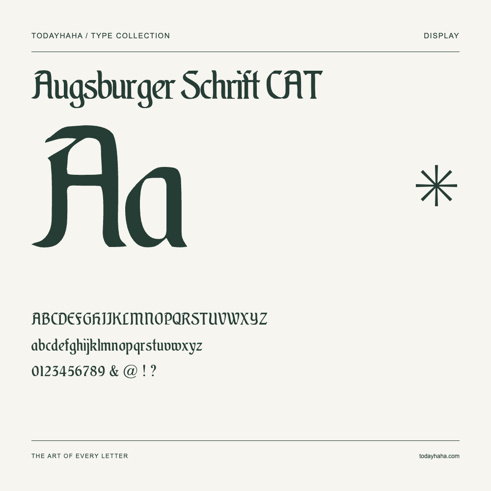 Augsburger Schrift CAT — Font specimen with uppercase and lowercase letters and numbers