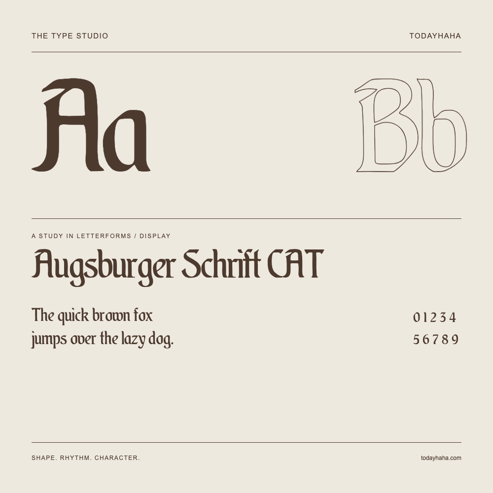 Augsburger Schrift CAT — Letterform study with sample sentence and numbers