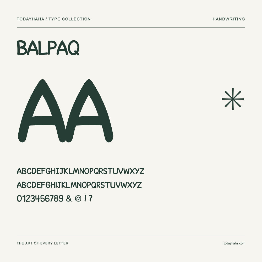 Balpaq — Schriftmuster mit Großbuchstaben, Kleinbuchstaben und Ziffern
