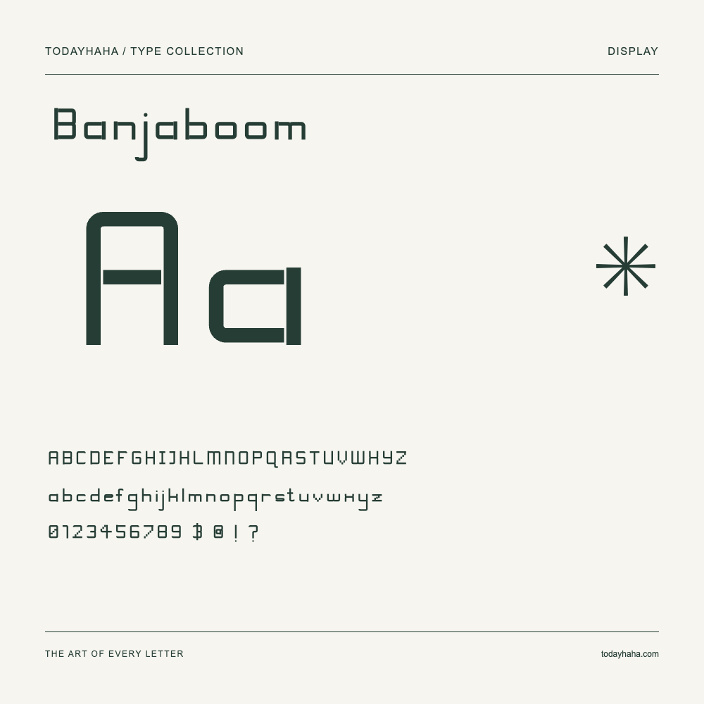Banjaboom — Font specimen with uppercase and lowercase letters and numbers