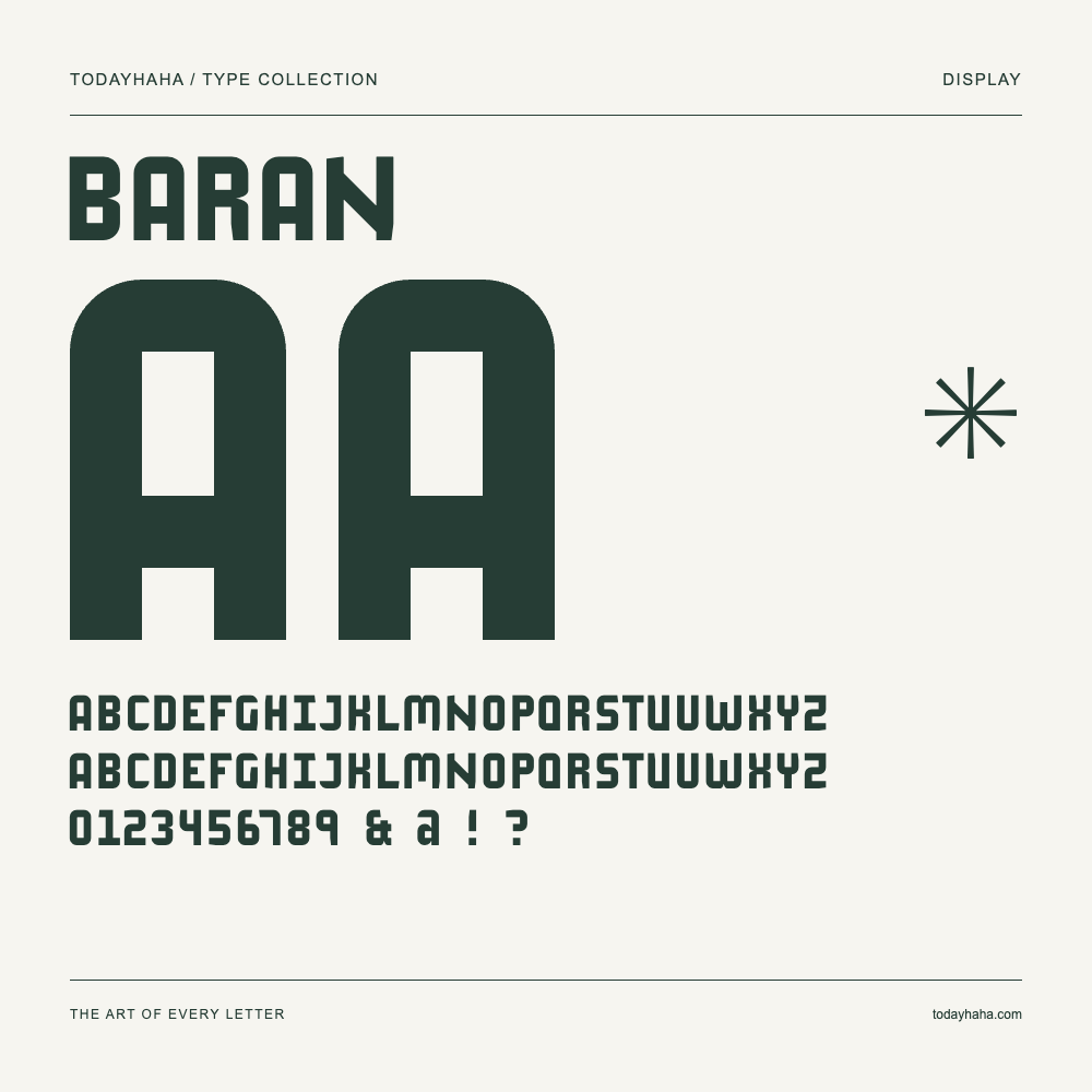 Baran — Schriftmuster mit Großbuchstaben, Kleinbuchstaben und Ziffern