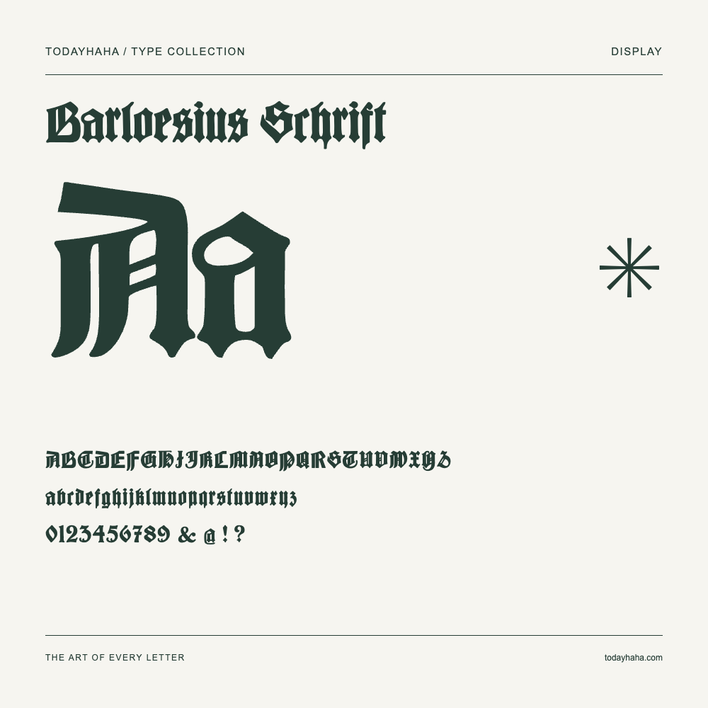 Barloesius Schrift — Font specimen with uppercase and lowercase letters and numbers