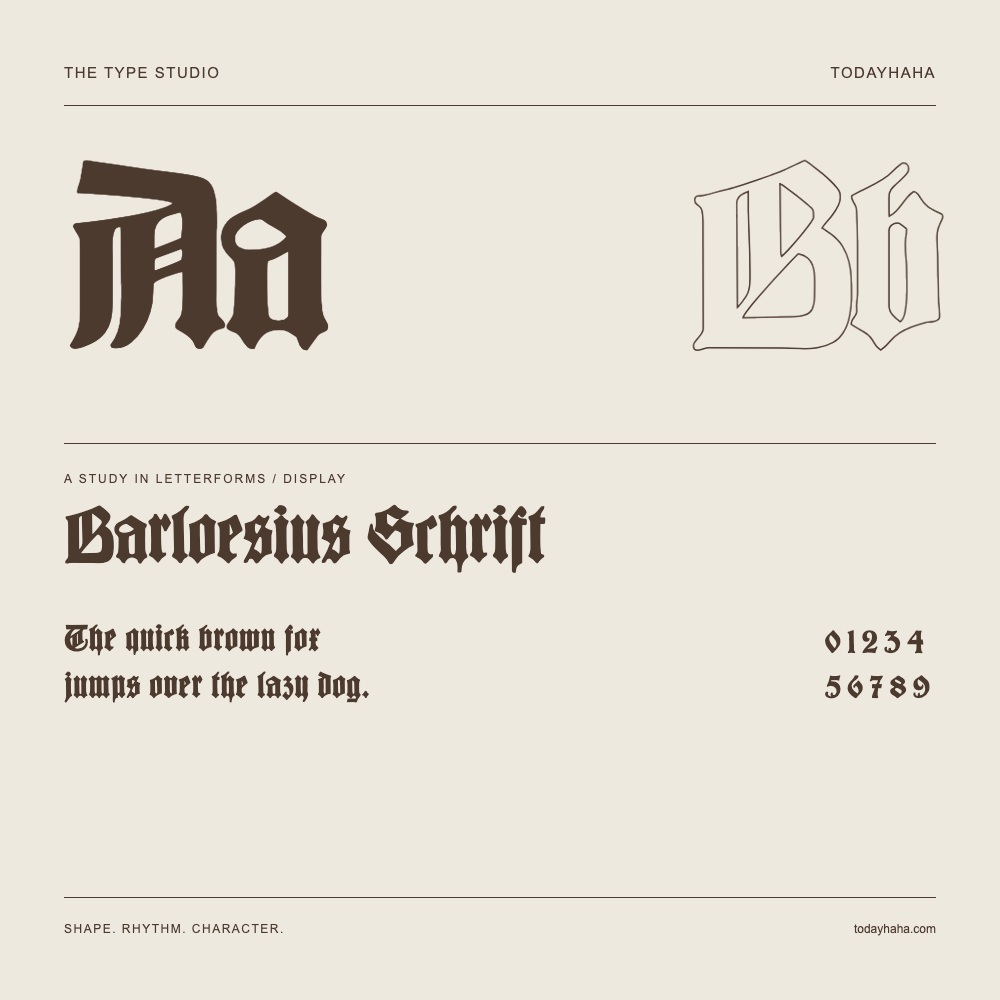 Barloesius Schrift — Letterform study with sample sentence and numbers