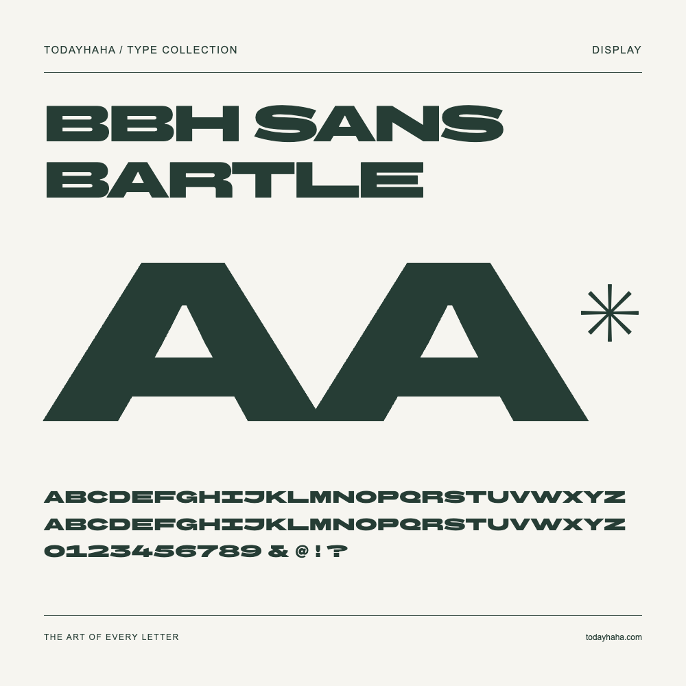 BBH Sans Bartle — Schriftmuster mit Großbuchstaben, Kleinbuchstaben und Ziffern