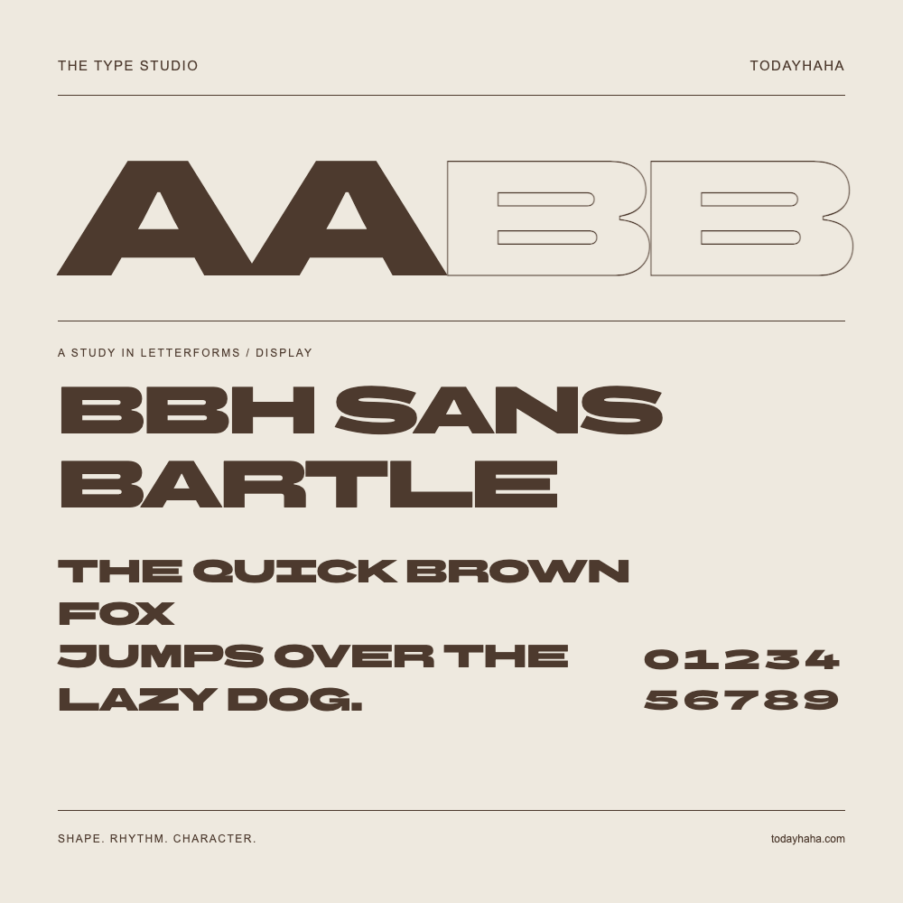BBH Sans Bartle — Buchstabenstudie mit Beispielsatz und Ziffern