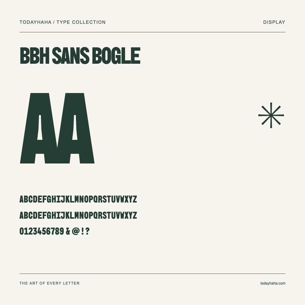 BBH Sans Bogle — Muestra de mayúsculas, minúsculas y números