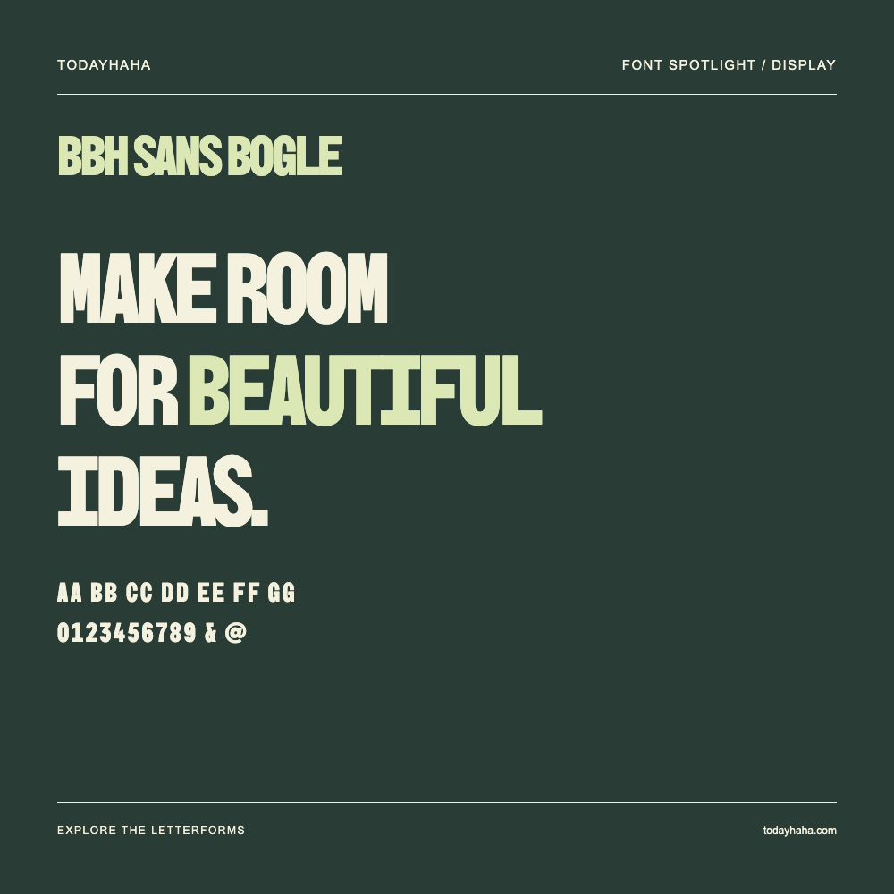 BBH Sans Bogle — Póster tipográfico con texto de muestra