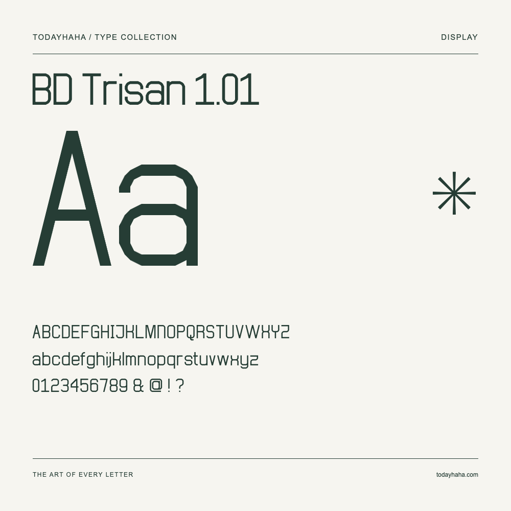BD Trisan 1.01 — Spécimen avec majuscules, minuscules et chiffres