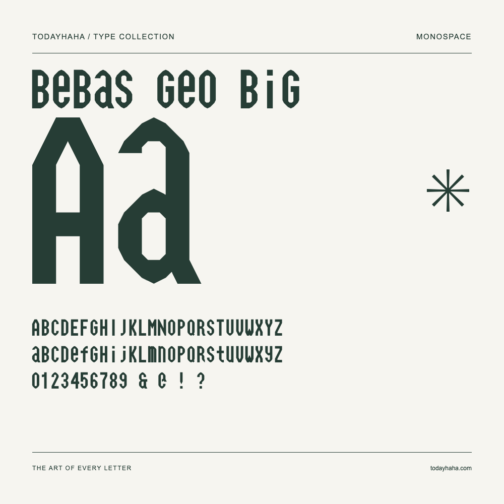 Bebas Geo Big — Schriftmuster mit Großbuchstaben, Kleinbuchstaben und Ziffern