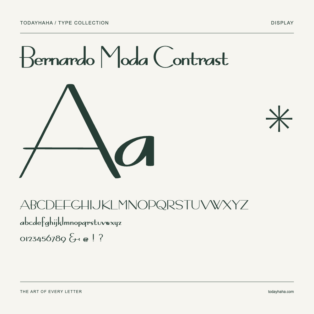Bernardo Moda Contrast — Font specimen with uppercase and lowercase letters and numbers