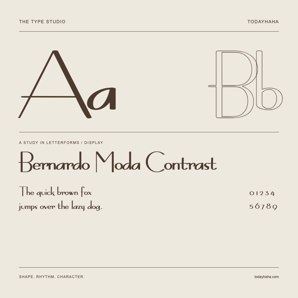 Bernardo Moda Contrast — Letterform study with sample sentence and numbers