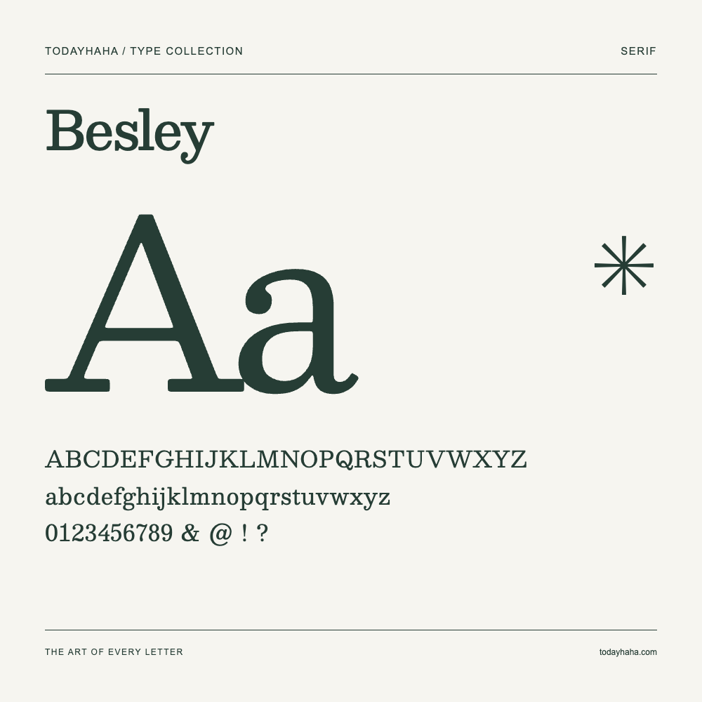 Besley — Font specimen with uppercase and lowercase letters and numbers