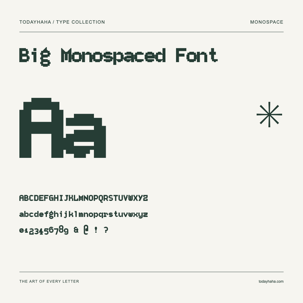 Big Monospaced Font — Schriftmuster mit Großbuchstaben, Kleinbuchstaben und Ziffern