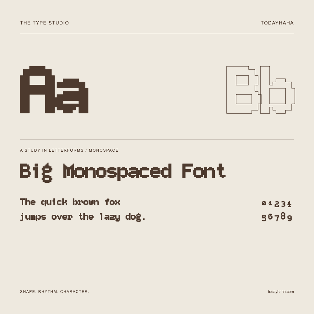 Big Monospaced Font — Buchstabenstudie mit Beispielsatz und Ziffern