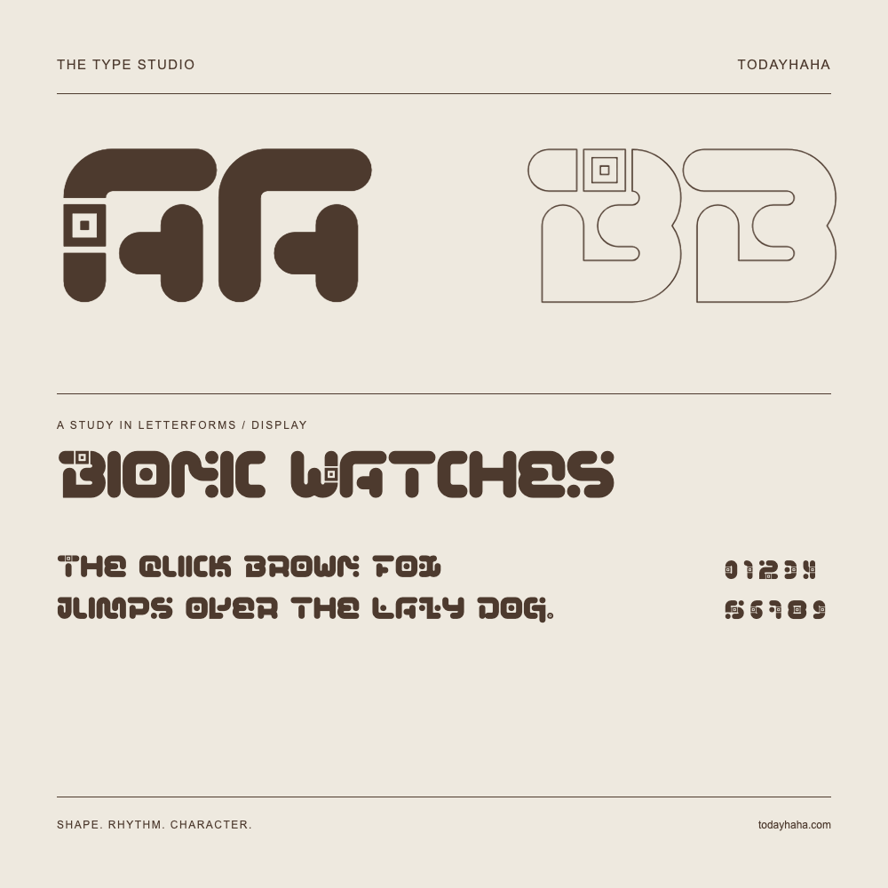 Bionic Watches — Buchstabenstudie mit Beispielsatz und Ziffern
