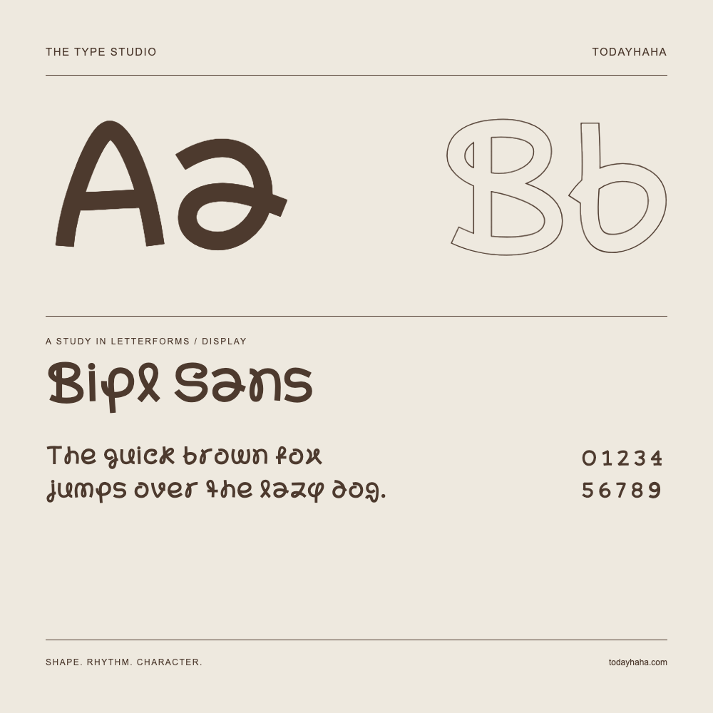 Bipl Sans — Letterform study with sample sentence and numbers