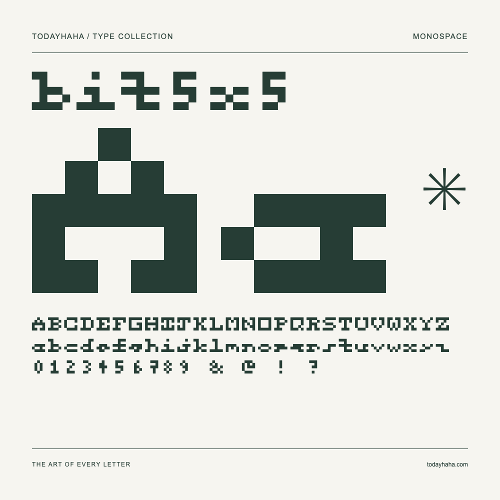 bit5x5 — Schriftmuster mit Großbuchstaben, Kleinbuchstaben und Ziffern