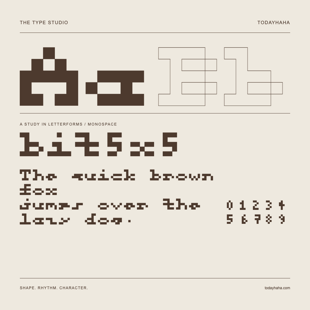 bit5x5 — Buchstabenstudie mit Beispielsatz und Ziffern