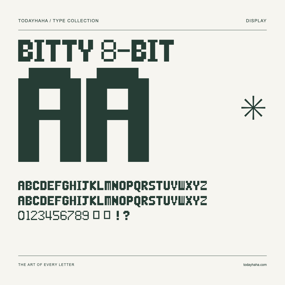 bitty 8-bit — Campione con lettere maiuscole, minuscole e numeri