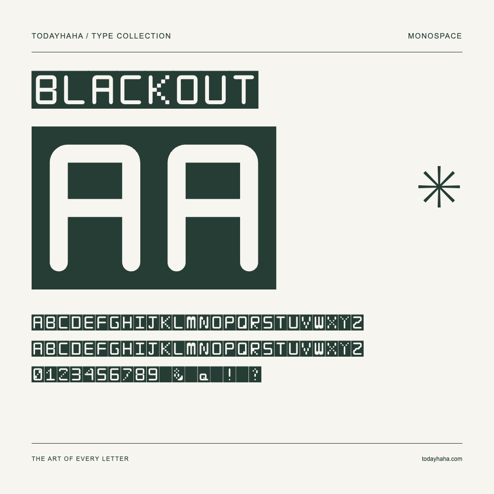 Blackout — Spécimen avec majuscules, minuscules et chiffres