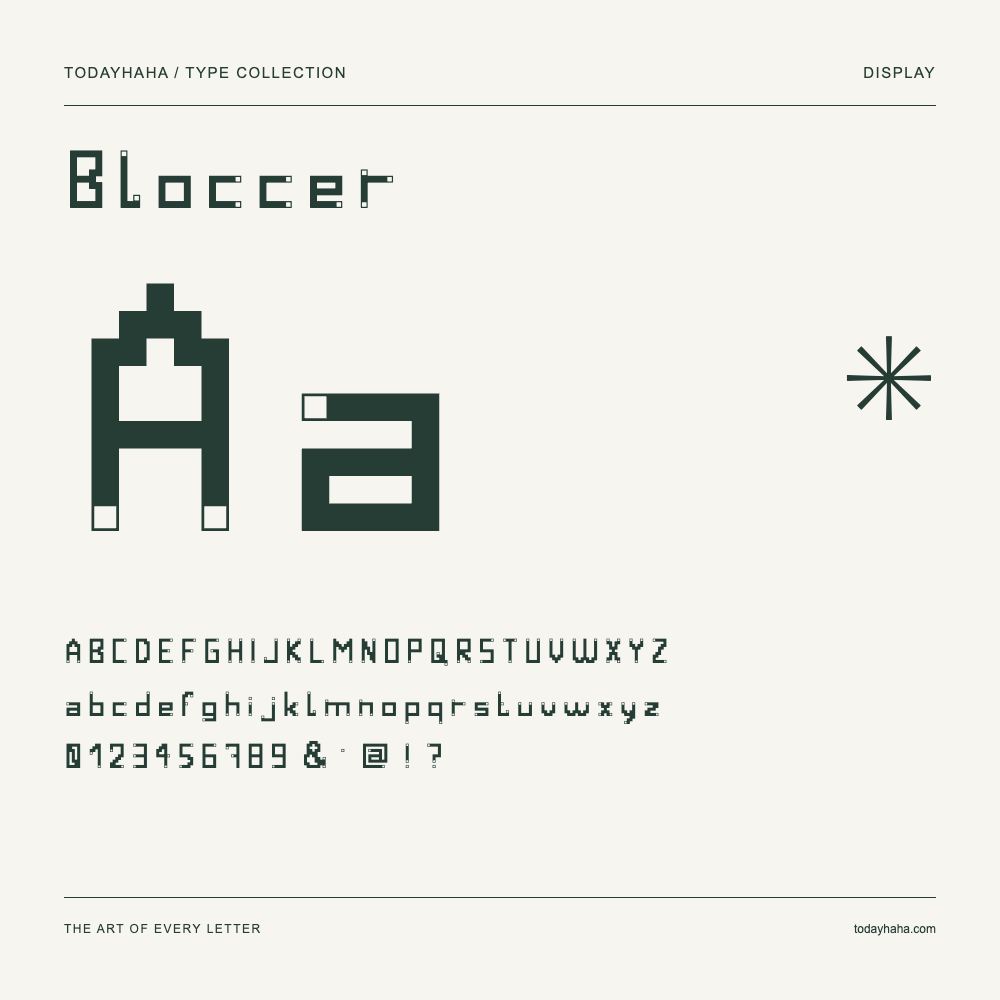 Bloccer — Font specimen with uppercase and lowercase letters and numbers
