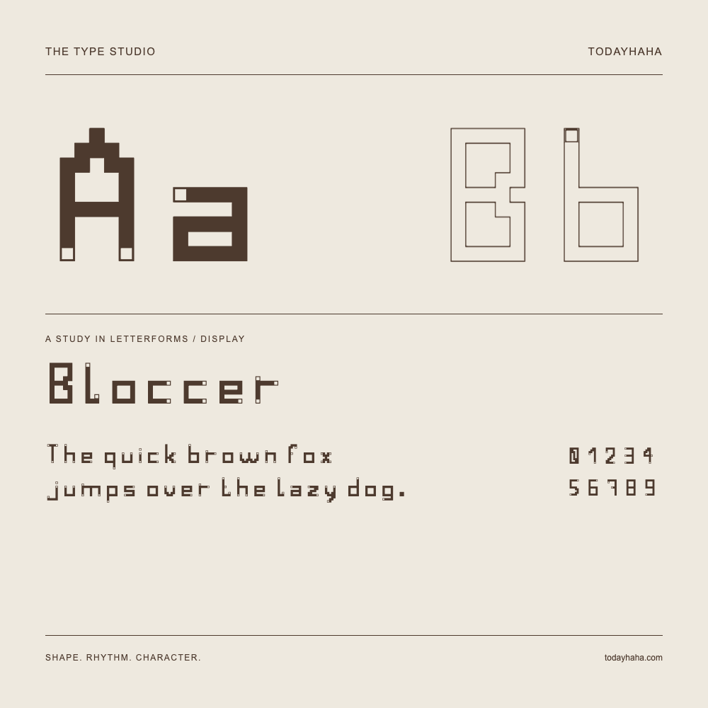 Bloccer — Letterform study with sample sentence and numbers