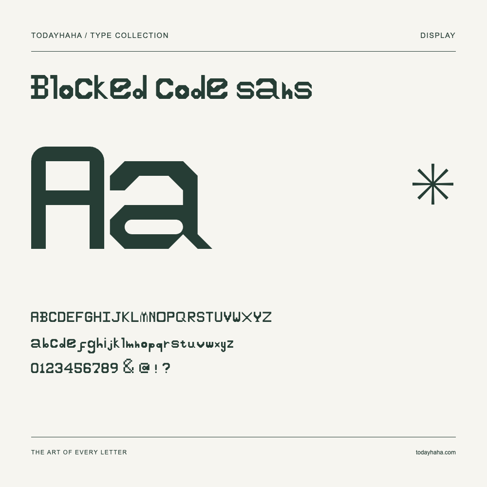 Blocked code sans — Schriftmuster mit Großbuchstaben, Kleinbuchstaben und Ziffern