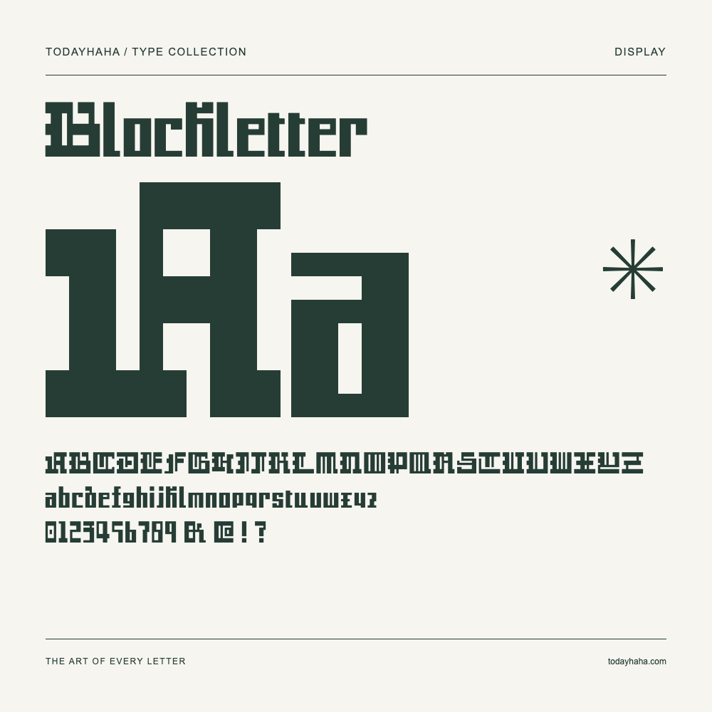 Blockletter — Font specimen with uppercase and lowercase letters and numbers