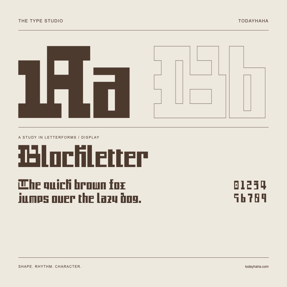 Blockletter — Letterform study with sample sentence and numbers