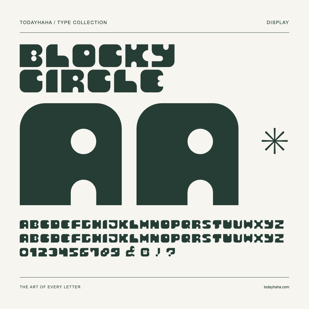 BLOCKY CIRCLE — Font specimen with uppercase and lowercase letters and numbers