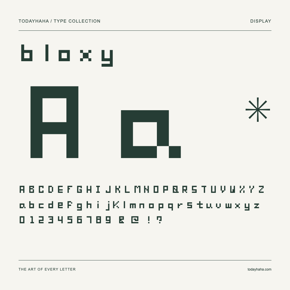 bloxy — Schriftmuster mit Großbuchstaben, Kleinbuchstaben und Ziffern