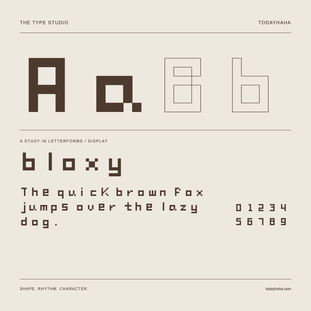 bloxy — Buchstabenstudie mit Beispielsatz und Ziffern