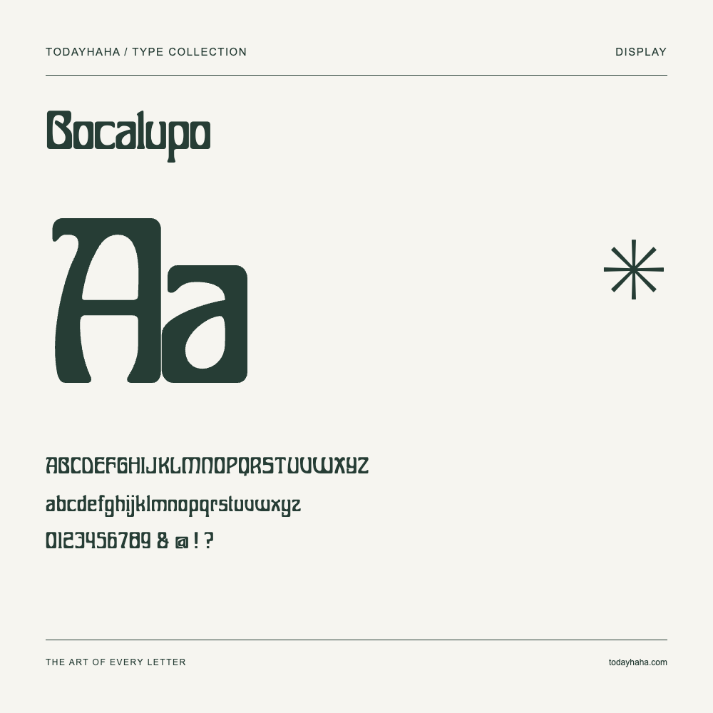 Bocalupo — Schriftmuster mit Großbuchstaben, Kleinbuchstaben und Ziffern