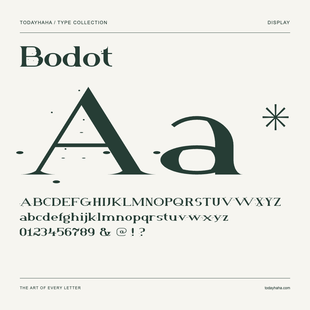 Bodot — Schriftmuster mit Großbuchstaben, Kleinbuchstaben und Ziffern
